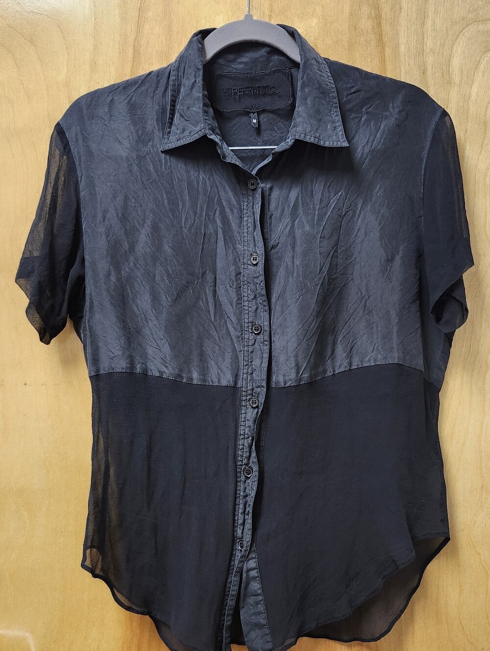 Reformation Size M Short Sleeve Shirt Blouse 100% Silk Black Semi-sheer